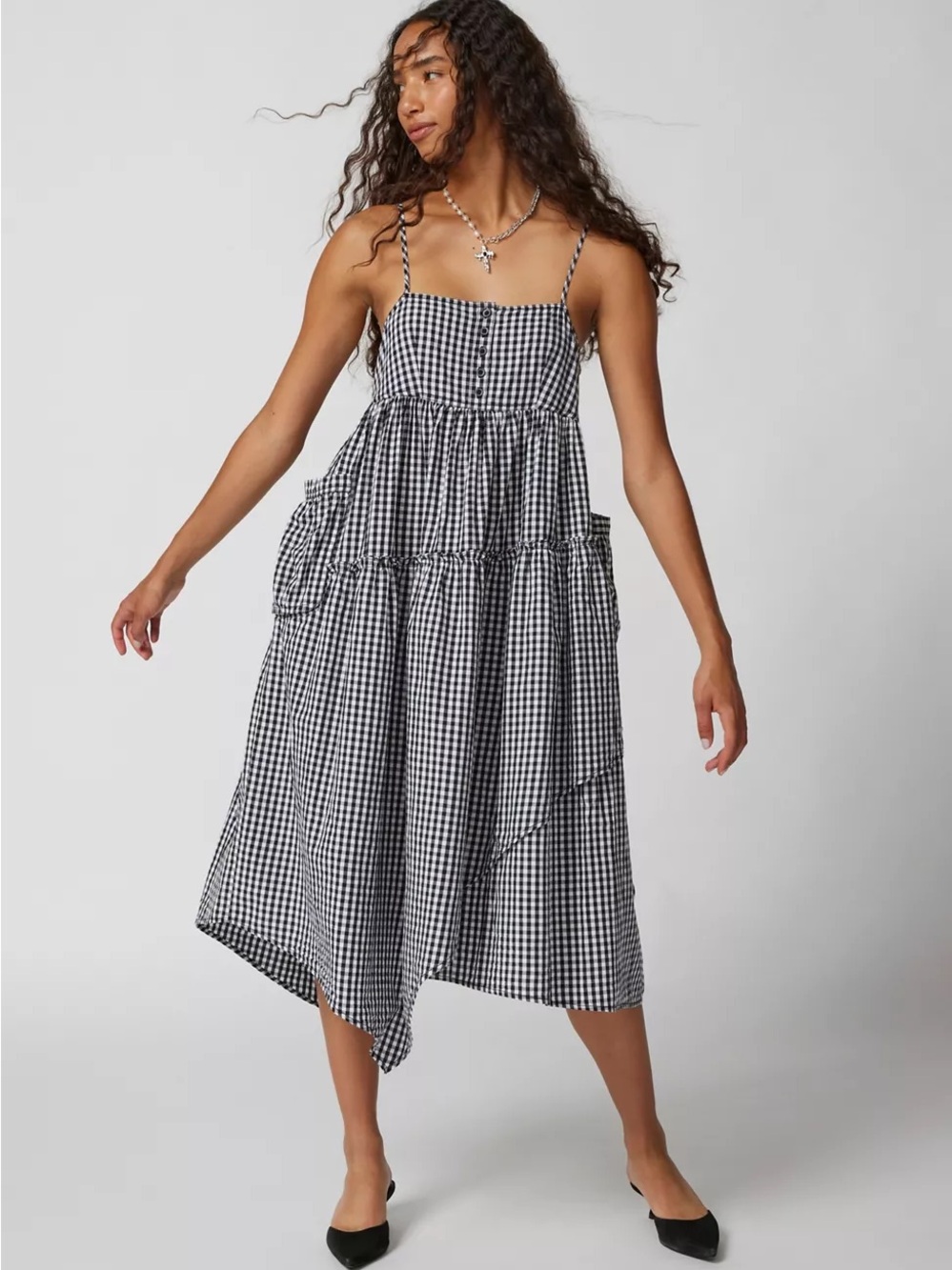 Black & White Gingham Tiered Spaghetti Strap Dress - Picture 6 of 6